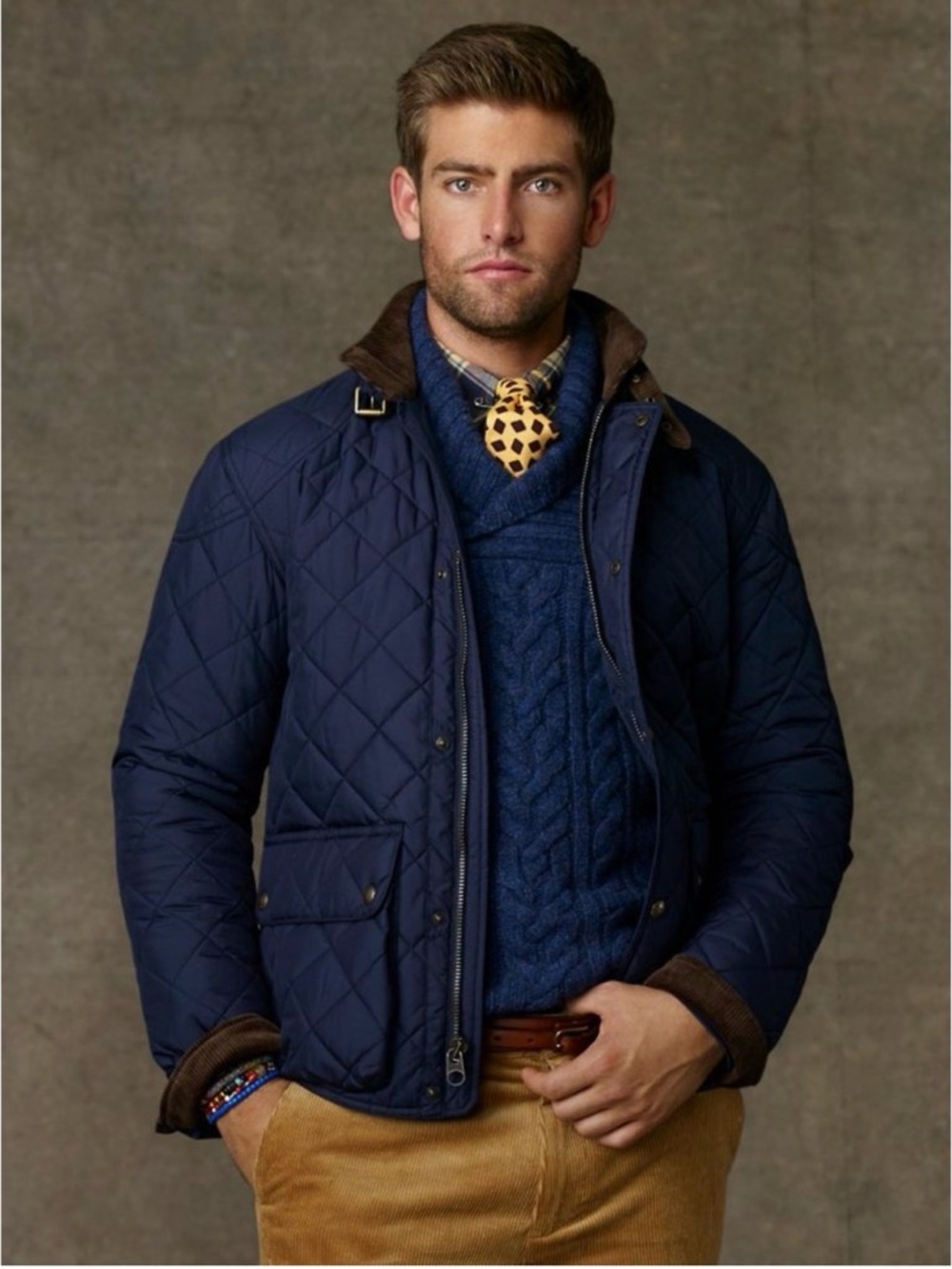 Polo Ralph Lauren Cadwell Quilted Bomber Jacket Navy Brown Corduroy Collar L